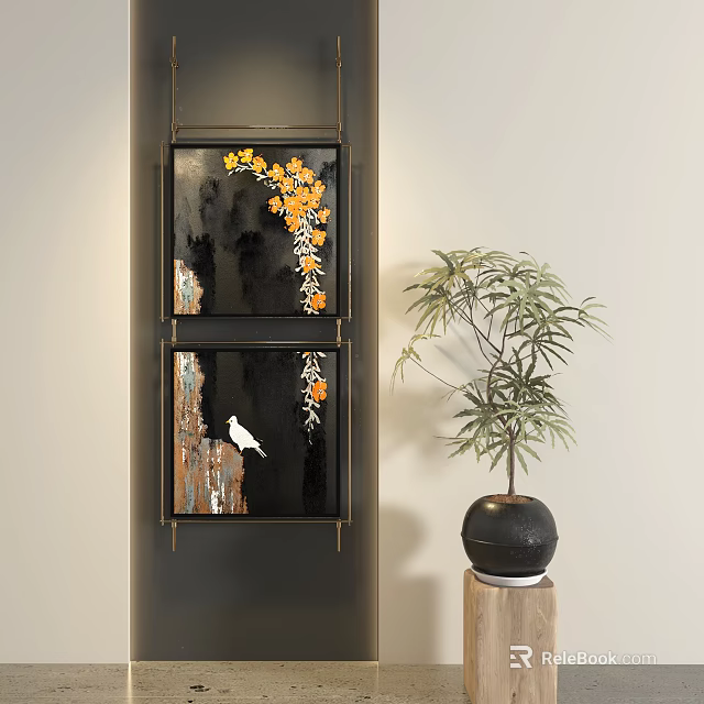 Abstract Paintings In Golden Frames With Black Background Orange Flowers White Bird And Green Plant 3d model 