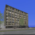 Modern Multi Story Hotel Building With Glass Facade In Urban Setting With Pedestrians And Cars