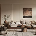 Modern Beige Living Room Interior Design With Sofa Coffee Table Rug And Decorative Artwork
