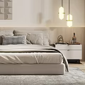 Modern Minimalist Bedroom Interior With Bedside Tables Decorative Painting Pendant Lights And Rug