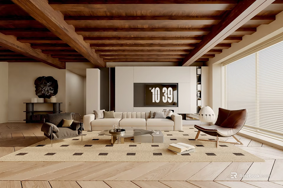 Modern Living Room with Wooden Beamed Ceiling White Sofa Brown Accent Chair and Area Rug 3d model 