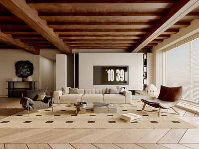Modern Living Room with Wooden Beamed Ceiling White Sofa Brown Accent Chair and Area Rug 3d model