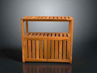 Wooden Storage Cabinet With Slatted Top Shelf And Lower Slatted Doors 3d model