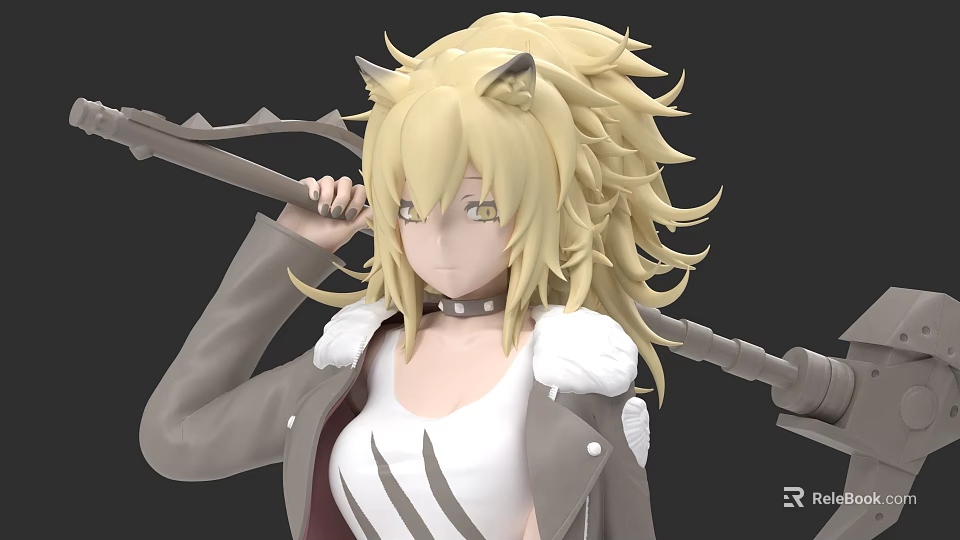 Game And Movie Character With Blonde Long Hair Cat Ears Gray Coat And Spiked Weapon 3d model 