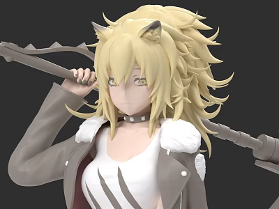 Game And Movie Character With Blonde Long Hair Cat Ears Gray Coat And Spiked Weapon 3d model