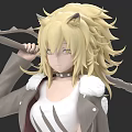 Game And Movie Character With Blonde Long Hair Cat Ears Gray Coat And Spiked Weapon