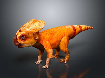 Orange Dinosaur Character With Red Stripes And Large Cranial Crest Standing On Black Background 3d model