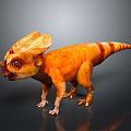 Orange Dinosaur Character With Red Stripes And Large Cranial Crest Standing On Black Background