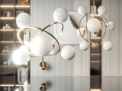 Modern Chandelier With White Spheres And Golden Metal Frame In Interior Space 3d model