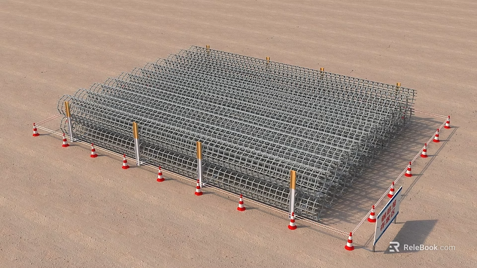 Construction Site With Steel Mesh Structure And Orange White Traffic Cones And Safety Warning Sign 3d model 