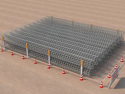 Construction Site With Steel Mesh Structure And Orange White Traffic Cones And Safety Warning Sign 3d model