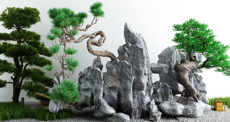 Courtyard Garden With Gray Rocks Twisted Pine Trees Small Green Plants And Gravel Ground 3d model 