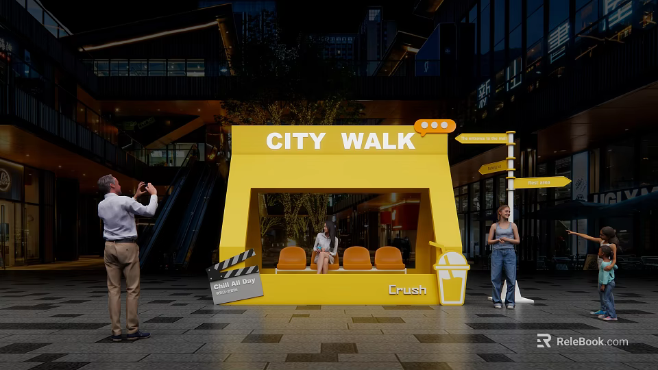 Urban City Walk Photo Spot With Yellow Structure Orange Chairs And Modern Mall Background 3d model 
