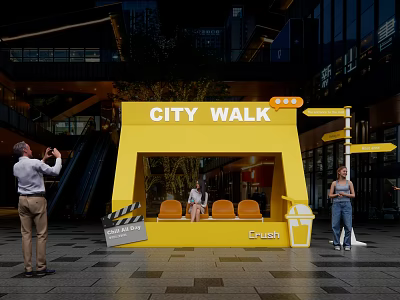 Urban City Walk Photo Spot With Yellow Structure Orange Chairs And Modern Mall Background 3d model