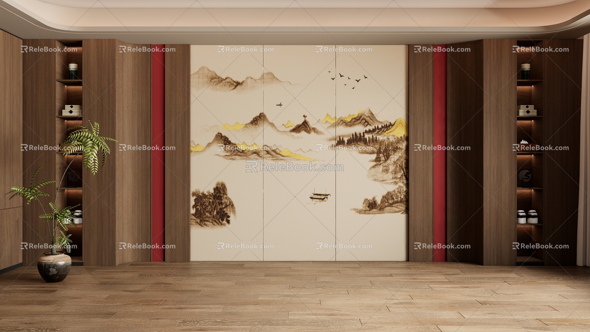 New Chinese Decorative Background Wall Sofa Background Wall 3d model