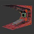 Red Themed Cartoon Scene Featuring Mechanical Structure Control Panel Circular Window And Glowing Details
