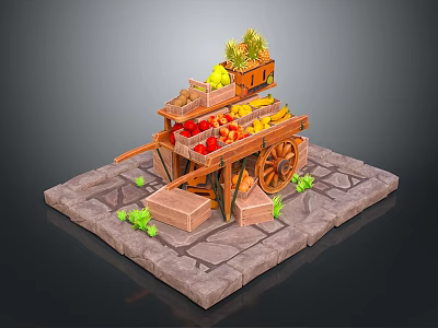 Wooden Fruit Cart Loaded with Fresh Fruits Vegetables and Green Plants on Stone Slab 3d model