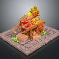 Wooden Fruit Cart Loaded with Fresh Fruits Vegetables and Green Plants on Stone Slab