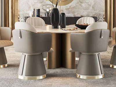 Elegant Modern Dining Table Set With Marble Top Gray Upholstered Chairs And Gold Base 3d model