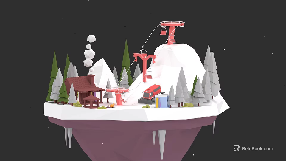 Detailed Micro Terrain Model With Snowy Mountain Cable Car Wooden Cabin And Pine Trees 3d model 