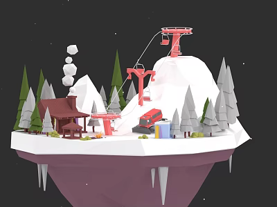 Detailed Micro Terrain Model With Snowy Mountain Cable Car Wooden Cabin And Pine Trees 3d model