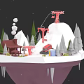 Detailed Micro Terrain Model With Snowy Mountain Cable Car Wooden Cabin And Pine Trees
