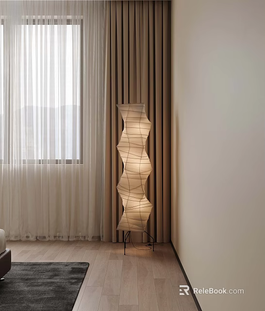Modern Wave Shaped Floor Lamp With Fabric Shade And Metal Stand In Living Room 3d model 
