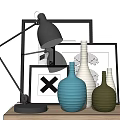 Modern Decorative Ornament Set with Black Table Lamp Ribbed Vases and Picture Frames