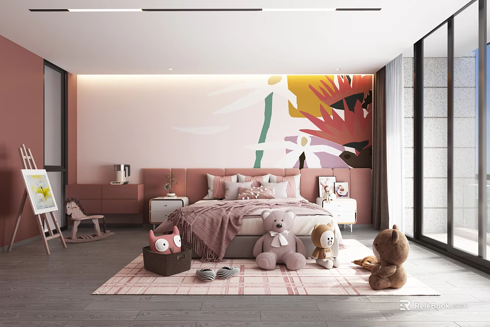 Cozy Kids Room Interior With Pink Walls Teddy Bears Bed And Soft Decorative Rug 3d model 