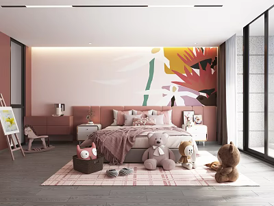 Cozy Kids Room Interior With Pink Walls Teddy Bears Bed And Soft Decorative Rug 3d model