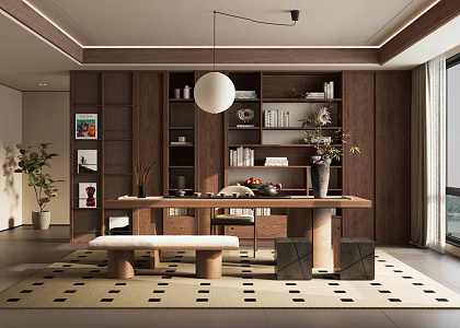 Quiet Ancient Tea Room Tea Table and Chair Combination Bookcase Background Wall 3d model