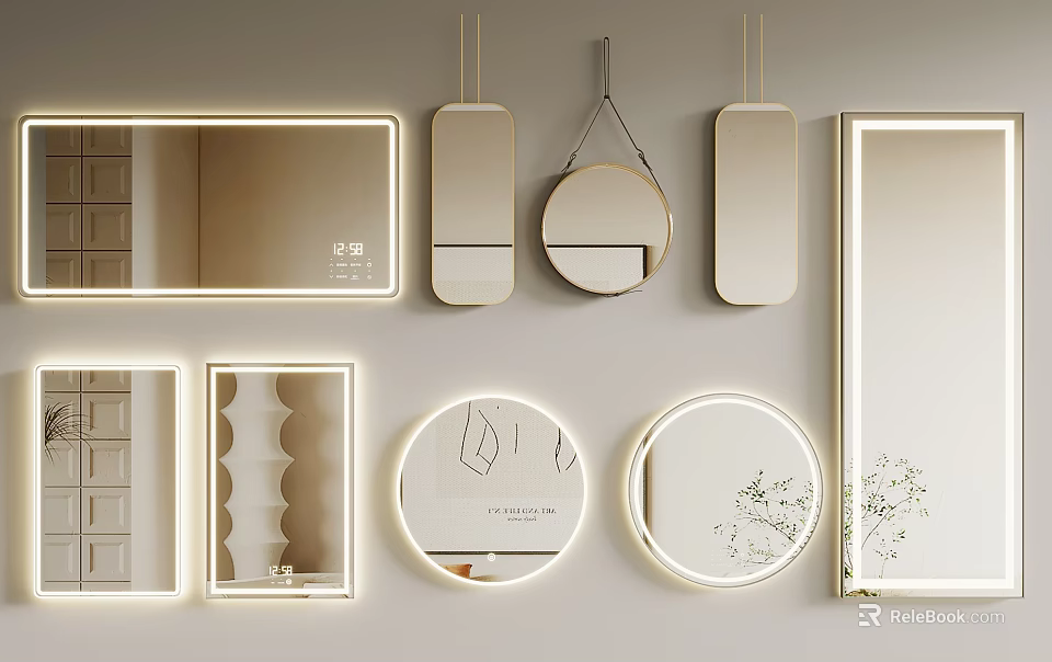 Modern Decorative Wall Mirrors With Illuminated Frames And Various Shapes For Home Decor 3d model 