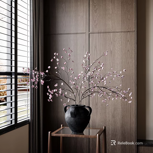 Black Vase With Pink Flower Branches For Home Decor Against Wooden Wall And Window 3d model 