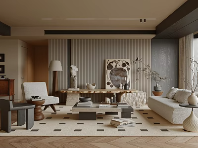 Stylish Modern Living Room Interior With Beige Sofa Geometric Rug Wooden Coffee Table And Artwork 3d model