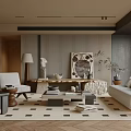 Stylish Modern Living Room Interior With Beige Sofa Geometric Rug Wooden Coffee Table And Artwork