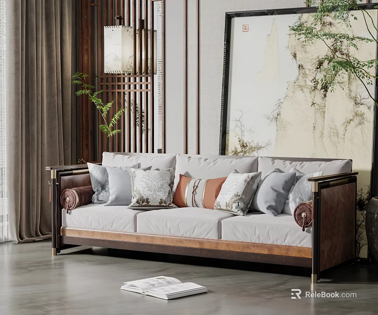 Chinese Style Three Seater Sofa With Wooden Frame Decorative Pillows And Wall Art 3d model 