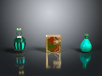 Other Decorative Pieces Featuring Green Glass Perfume Bottle Jewelry Box And Vase With Gold Accents 3d model
