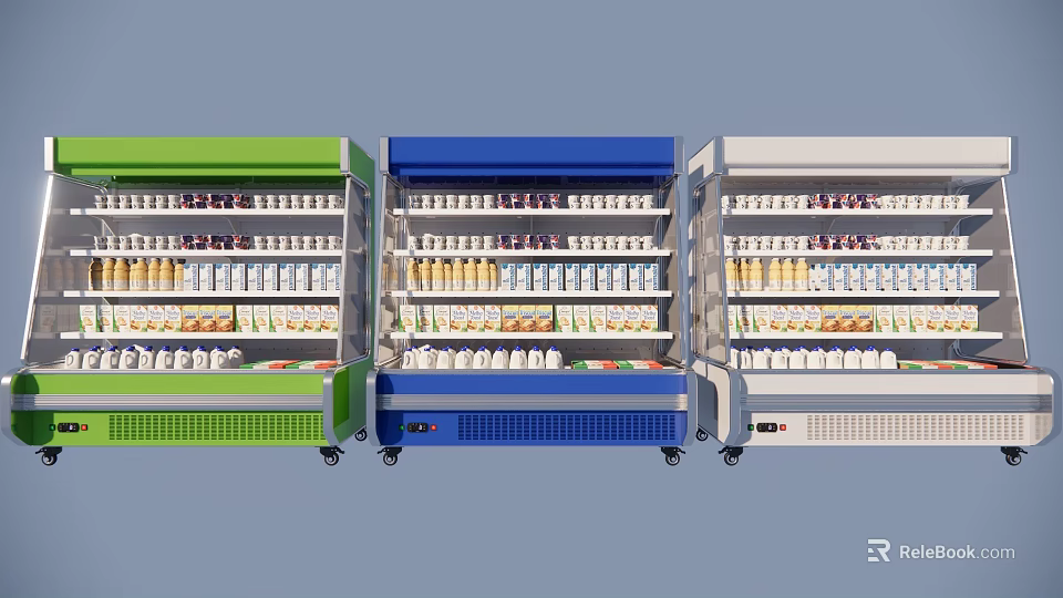 Green Blue White Commercial Upright Freezers With Multiple Shelves Stocked Beverages Dairy Products 3d model 