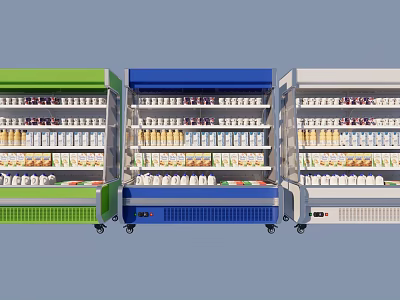 Green Blue White Commercial Upright Freezers With Multiple Shelves Stocked Beverages Dairy Products 3d model