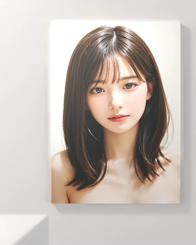Female Portrait Painting with Brown Medium-Length Hair and Bangs in Soft Lighting and Light Background 3d model