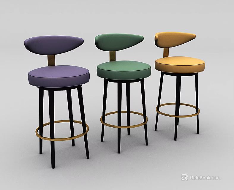 Purple Green Yellow Bar Stools With Curved Backrest Round Seats And Black Metal Legs 3d model 