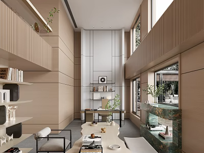 Modern Study Room Interior With Built in Bookshelves Wooden Desk Green Plants And Large Windows 3d model