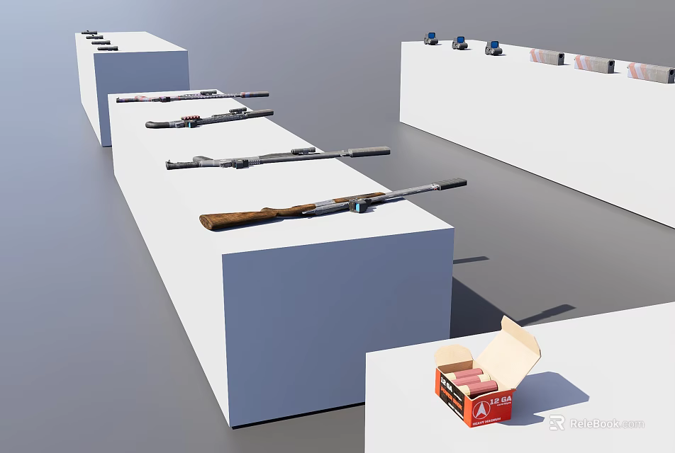 Various Types of Firearms Displayed on White Stands with Open Ammunition Box 3d model 
