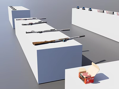 Various Types of Firearms Displayed on White Stands with Open Ammunition Box 3d model