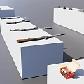 Various Types of Firearms Displayed on White Stands with Open Ammunition Box