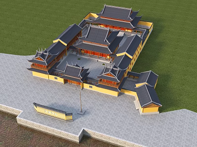 Traditional Chinese Ancient Architecture With Yellow Walls Black Tiled Roofs And Courtyard Layout 3d model
