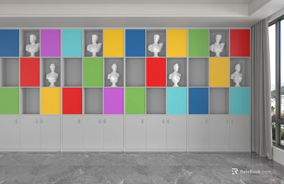 Modern Colorful Square Compartment Storage Cabinet Rack With White Plaster Busts 3d model 