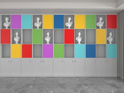 Modern Colorful Square Compartment Storage Cabinet Rack With White Plaster Busts 3d model