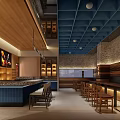 Japanese Restaurant Interior With Bar Counter Stools Food Display And Wooden Lighting