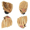 Tan Leather Baseball Gloves Shown From Four Different Angles With Red Logo 3d model